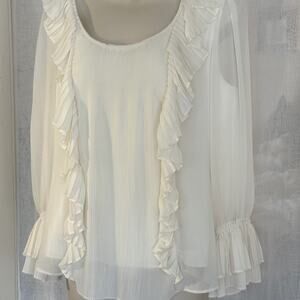 Chetta B Sheer Long Sleeve Chiffon Ruffle Blouse- Feminine Romantic Cream Size 8